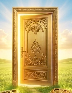 An ornate golden door standing open to a bright, glowing light.