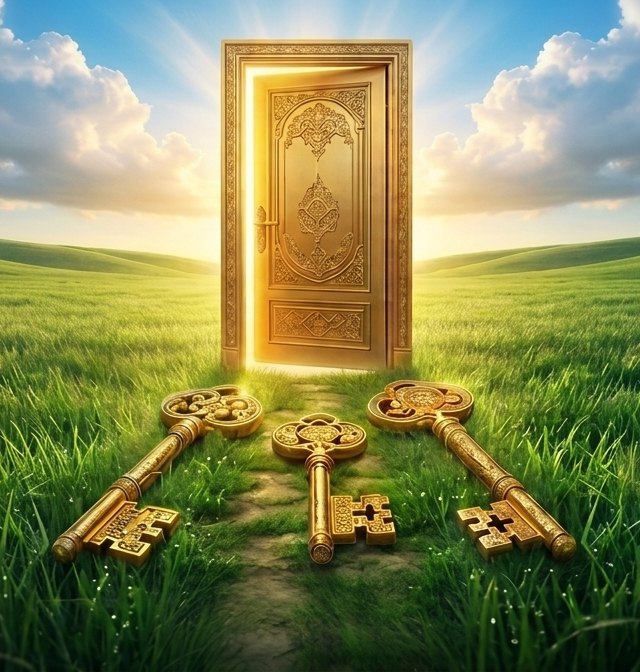 A golden door standing open at the end of a grass path, with three ornate golden keys lying in the foreground beneath a bright sky.