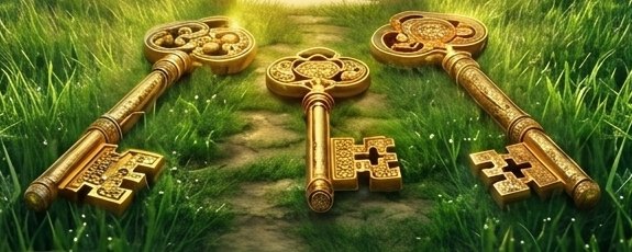 Three ornate golden keys resting on a dirt path through green grass.